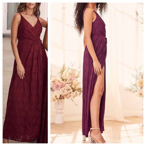 Lulus Burgundy Burnout Jacquard Wrap Maxi Dress - Picture 2 of 7